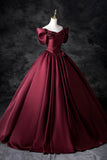 Burgundy Satin Floor Length Prom Dress, Off the Shoulder Party Dress HZ0429
