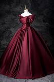 Burgundy Satin Floor Length Prom Dress, Off the Shoulder Party Dress HZ0429