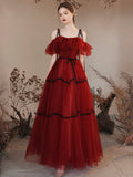 Burgundy Tulle Long Prom Dresses, Burgundy Off Shoulder Evening Party Dresses HZ0429