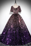 Pink Purple Ombre Sequin Ball Gown with Puff Sleeves, Sparkly Floor-Length Prom Dress HZ0429
