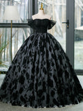 Black Tulle Long Prom Dress, A-Line Off the Shoulder Evening Party Dress HZ0429