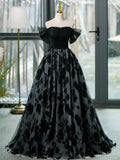 Black Tulle Long Prom Dress, A-Line Off the Shoulder Evening Party Dress HZ0429