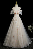 Champagne Tulle Beads Long Prom Dress, Beautiful A-Line Formal Party Dress HZ0429