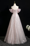 Pink Tulle Sequins Long Prom Dress, Pink Off the Shoulder Party Dress HZ0429