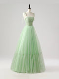 Green Tulle Spaghetti Strap Long Prom Dress, A-Line Corset Evening Party Dress HZ0429