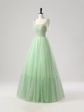 Green Tulle Spaghetti Strap Long Prom Dress, A-Line Corset Evening Party Dress HZ0429