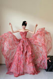 Beautiful Floral Print Long Prom Dress, Red A-Line Strapless Evening Dress HZ0429