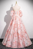 Pink Floral Print Long Prom Dress, Beautiful A-Line Evening Party Dress HZ0429