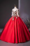 Elegant Red Satin Embroidered Lace Formal Dress, A-Line Scoop Neckline Party Dress HZ0429
