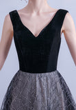 Black V-Neck Velvet Long Prom Dresses, Black Evening Dress HZ0429