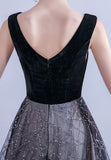 Black V-Neck Velvet Long Prom Dresses, Black Evening Dress HZ0429