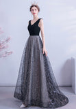 Black V-Neck Velvet Long Prom Dresses, Black Evening Dress HZ0429