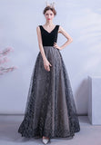 Black V-Neck Velvet Long Prom Dresses, Black Evening Dress HZ0429