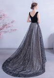 Black V-Neck Velvet Long Prom Dresses, Black Evening Dress HZ0429