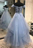Blue Tulle Lace Long A-Line Prom Dresses HZ0429