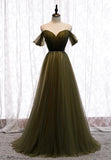 Green Tulle Long A-Line Prom Dresses, Off the Shoulder Evening Dresses HZ0429