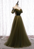 Green Tulle Long A-Line Prom Dresses, Off the Shoulder Evening Dresses HZ0429