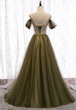Green Tulle Long A-Line Prom Dresses, Off the Shoulder Evening Dresses HZ0429