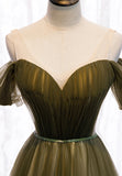 Green Tulle Long A-Line Prom Dresses, Off the Shoulder Evening Dresses HZ0429
