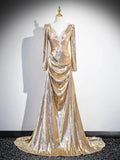 Gold Sequins Prom Party Dress, Shiny Long Sleeve Evening Formal Dress HZ0429