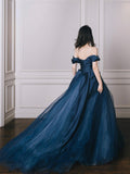 Blue Tulle Long Prom Dress, Elegant Off the Shoulder Formal Party Dress HZ0429