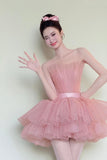 Pink Shiny Tulle Short/Mini Party Dress, Lovely A-Line Strapless Evening Dress HZ0429