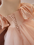 Pink Sweetheart Neck Corset Tulle Prom Dress, A-Line Off the Shoulder Sweet 16 Dress HZ0429