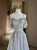 Gray Tulle Sequins Floor Length Prom Dress, Shiny A-Line Evening Formal Dress HZ0429