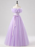 Purple Tulle Floor Length Prom Dress, Beautiful Off the Shoulder Party Dress HZ0429