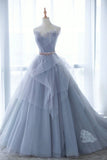 Blue Tulle Lace Long Prom Dress, A-Line Strapless Evening Gown HZ0429