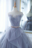 Blue Tulle Lace Long Prom Dress, A-Line Strapless Evening Gown HZ0429
