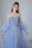 Blue Tulle Long Sleeve Prom Dress, A-Line Off the Shoulder Evening Dress HZ0429