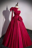 Burgundy Satin Long Prom Dress, One Shoulder Evening Dress with Bow HZ0429