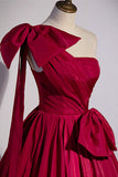 Burgundy Satin Long Prom Dress, One Shoulder Evening Dress with Bow HZ0429