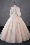 Champagne Tulle Sequins Long Prom Dress, A-Line Long Sleeve Evening Party Dress HZ0429
