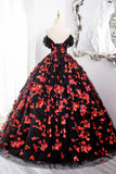 Black Tulle and Red Sequins Long Formal Gown, Off the Shoulder Evening Party Dress HZ0429