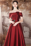 Burgundy Satin Long Prom Dress, Beautiful Off the Shoulder A-Line Evening Party Dress HZ0429