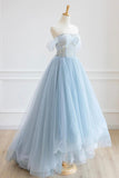 High Low Blue Lace Floor Long Prom Dress, Blue A-Line Off the Shoulder Party Dress HZ0429