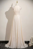 Champagne Chiffon Long Prom Dress, Elegant Halter A-line Evening Party Dress HZ0429