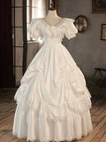 White V-Neck Satin Long Prom Dress, Lace Wedding Dress HZ0429