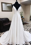 White V-Neck Long Prom Dresses, A-Line Lace Evening Dresses HZ0429