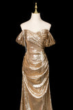 Gold Sequin Off-Shoulder Mermaid Evening Gown, Luxury Formal Dress HZ0429