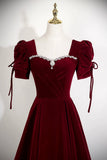 Burgundy Velvet Square Neck Evening Gown, Elegant Formal Dress with Crystal HZ0429