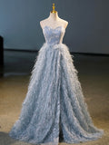 Blue A-Line Strapless Floor Length Prom Dress, Blue Evening Party Dress HZ0429