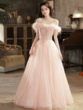 Pink Tulle Lace Long Prom Dress with Feathers, Off Shoulder Pink Evening Dress HZ0429