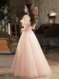 Pink Tulle Lace Long Prom Dress with Feathers, Off Shoulder Pink Evening Dress HZ0429