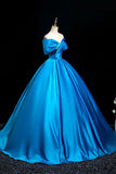Luxe Satin Off-the-Shoulder Blue Ballgown, Dramatic Ruffled Neckline Formal Evening Gown HZ0429