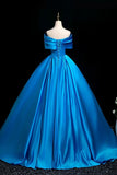 Luxe Satin Off-the-Shoulder Blue Ballgown, Dramatic Ruffled Neckline Formal Evening Gown HZ0429