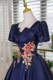 Navy Satin Lace Short Prom Dress, A-Line Short Sleeve Party Dress HZ0429