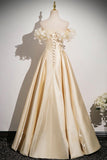 Champagne Satin Flowers Long Prom Dress, Off the Shoulder A-Line Party Dress HZ0429